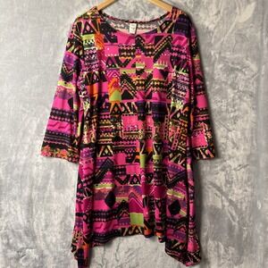 Robbins & Spice Dress Women's XL Geometric Multicolor Asymmetrical Hem 3/4Sleeve